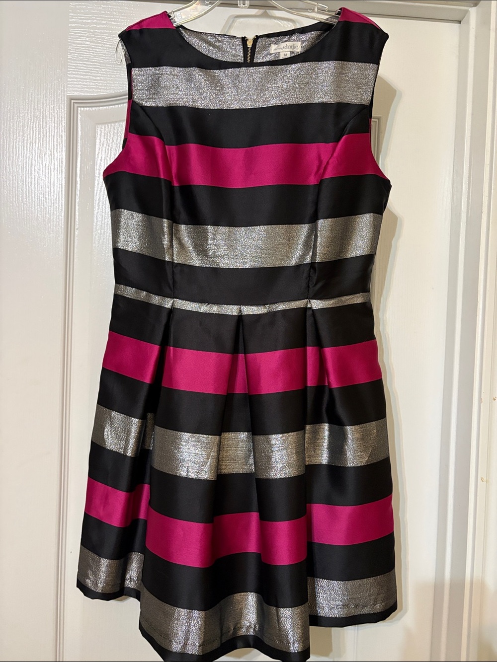Charming Charlie Black, Fuchsia & Silver Striped Fit-and-Flare Mini Dress